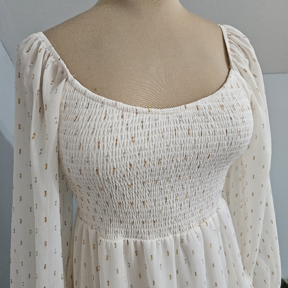 Altar’d State White Smocked Dress Gold Dot Tiered Size M Cottage Fairy Boho - Picture 6 of 14